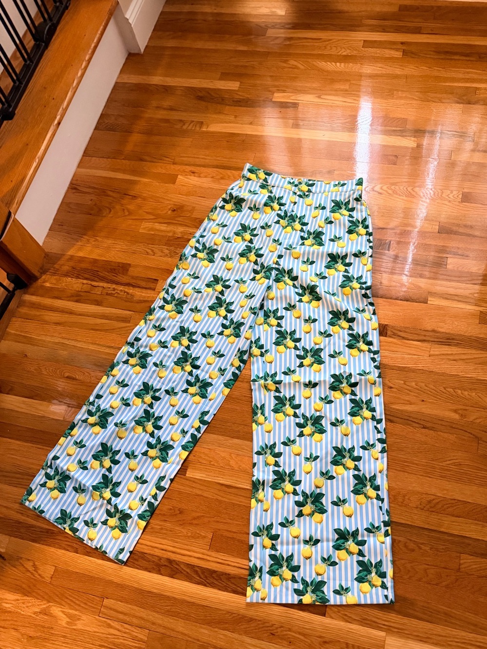 By egreis Lemon Print Wide Leg Pants - Blue & Yellow Large